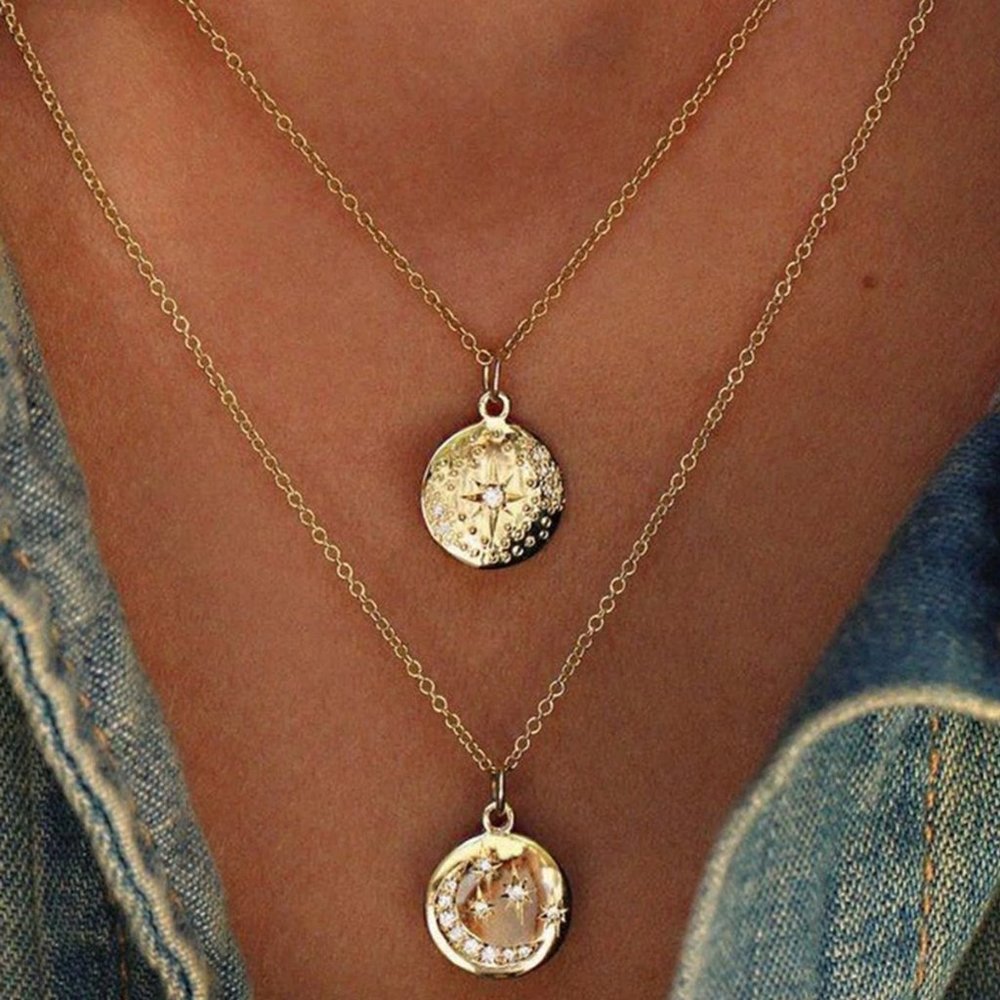 PERFECT GIFT! Rhinestone Moon & Star Layer Pendant Necklace